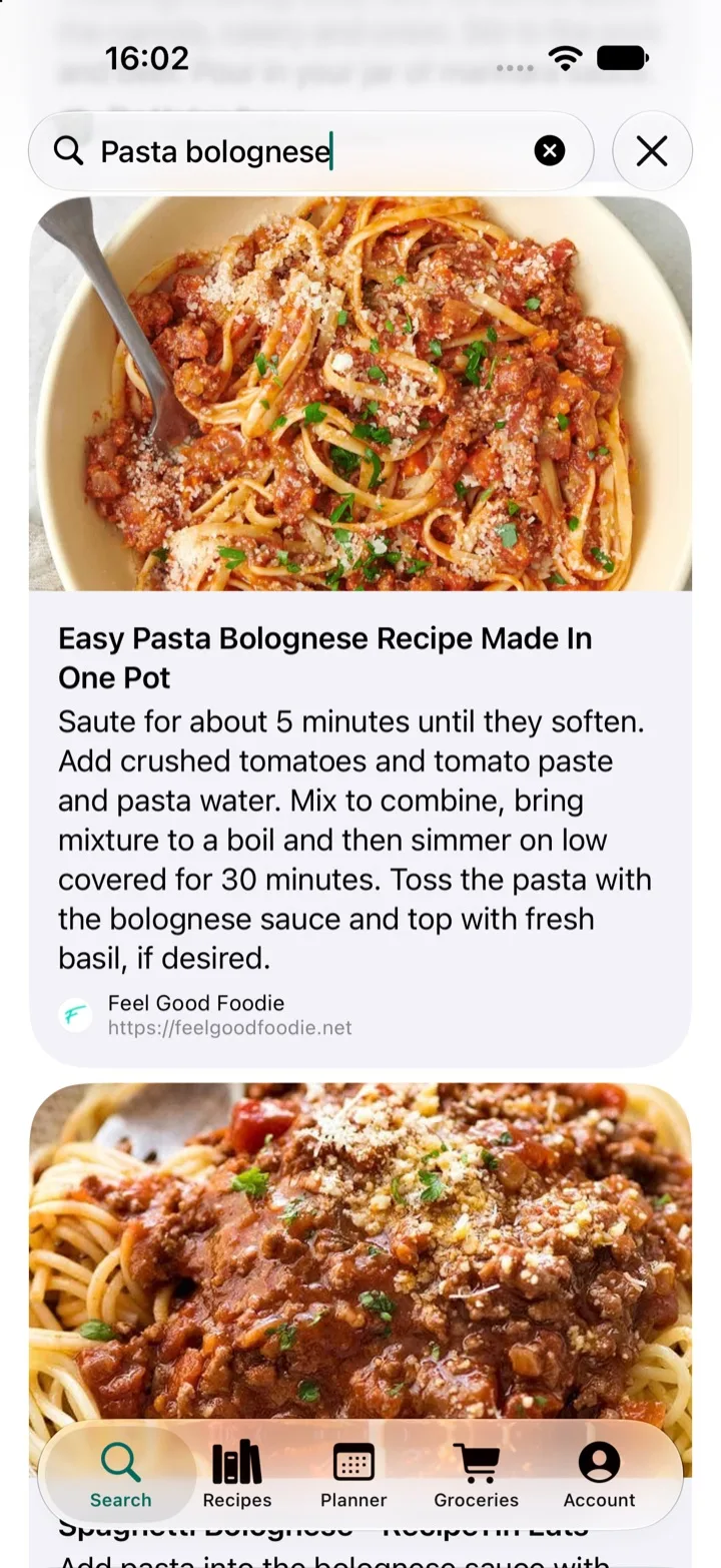 Searching the web for pasta bolognese recipes