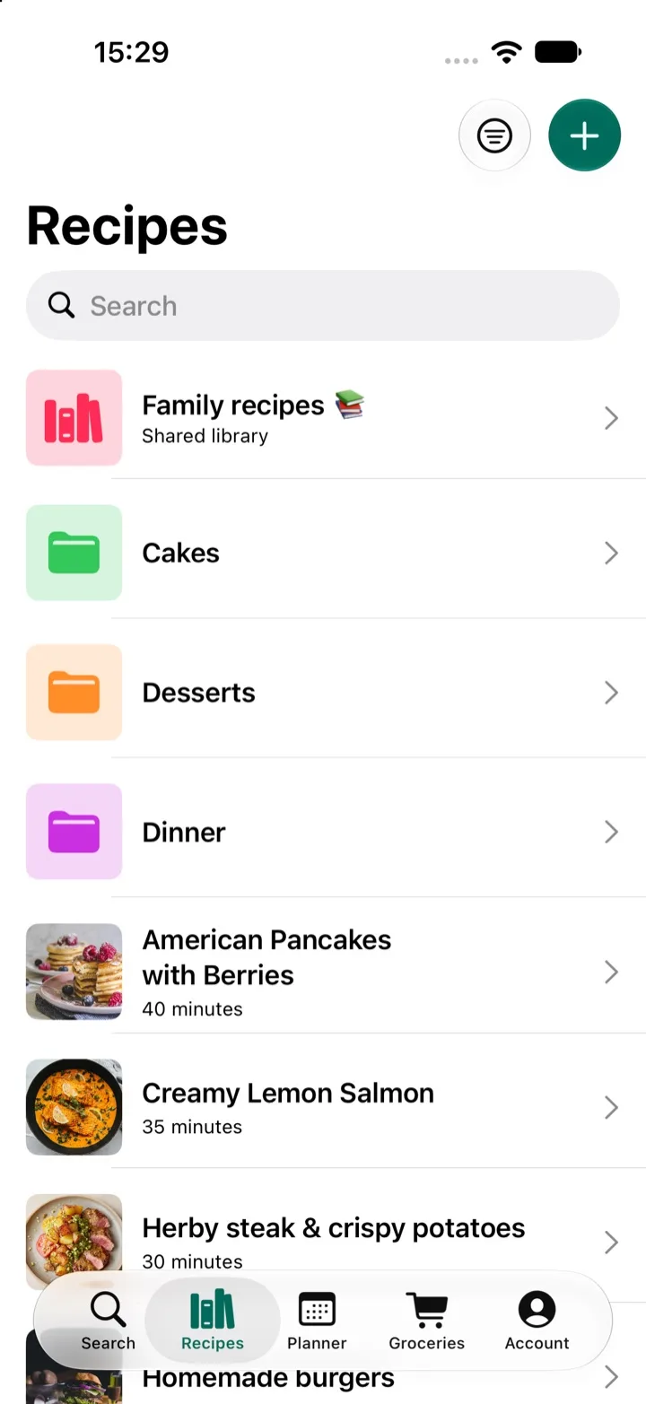 The Recipes tab with a shared Family recipes library and folders