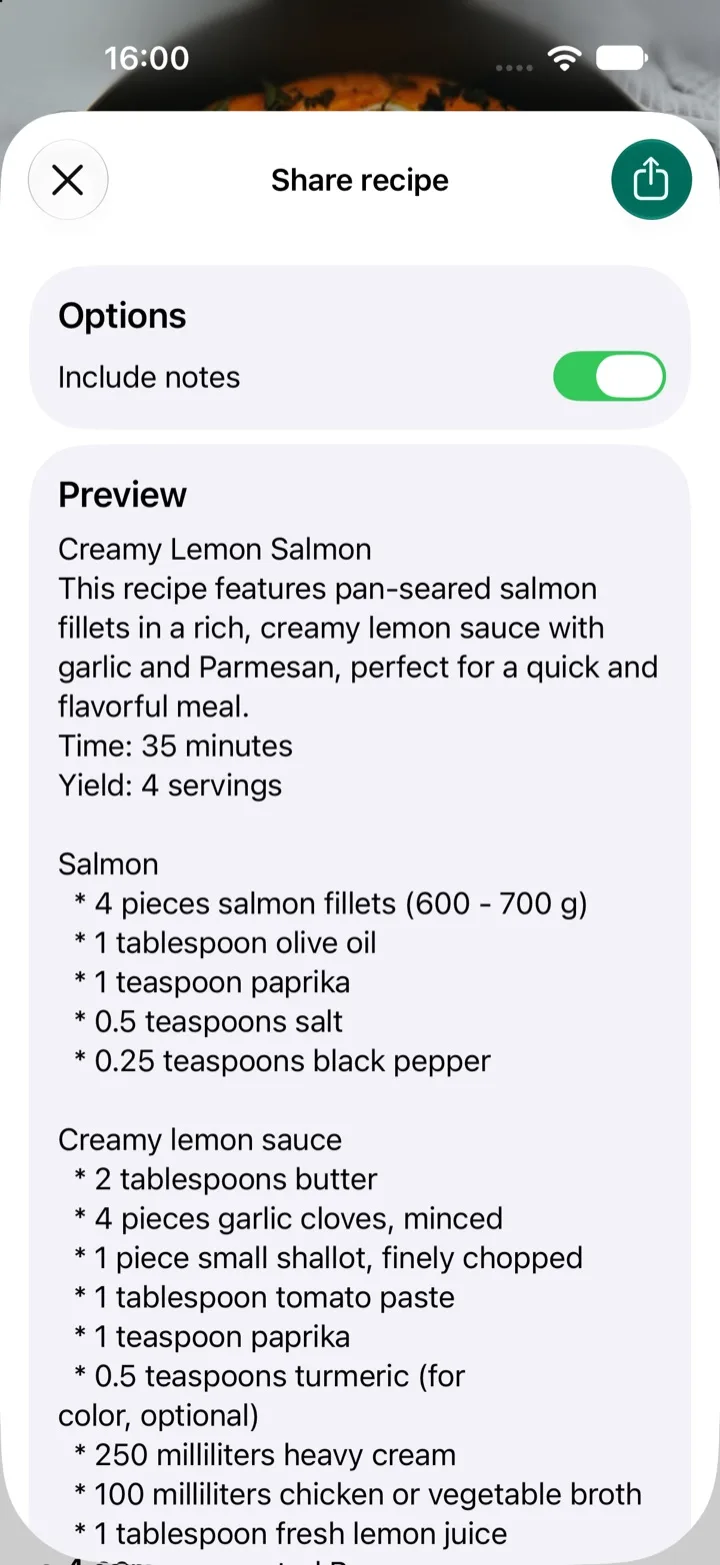 The share recipe screen with a text preview